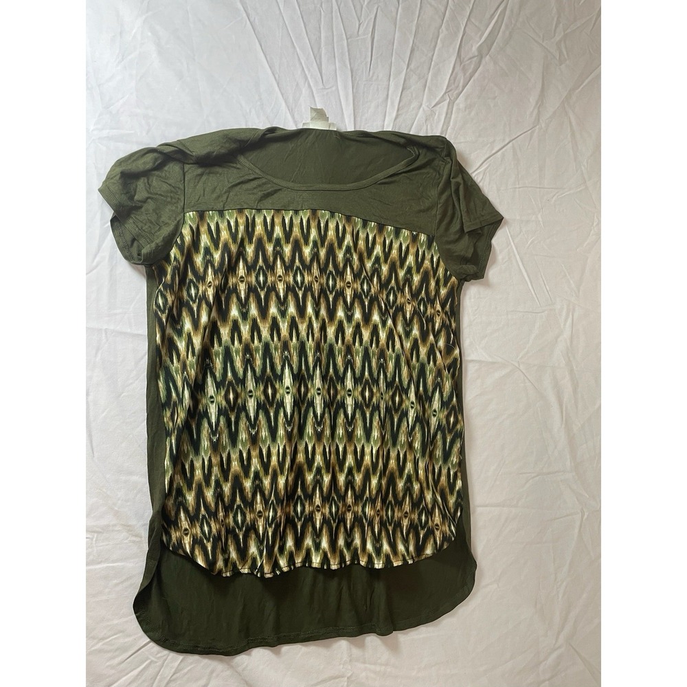 Honey & Lace Womens Career Top Stretch Amelia Aztec Print Green Blouse Sz Medium